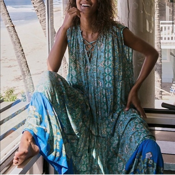 FREE PEOPLE Blue Boho Floral Print Crinkle Maxi Dress Teal Hanalei Bay - Picture 2 of 16
